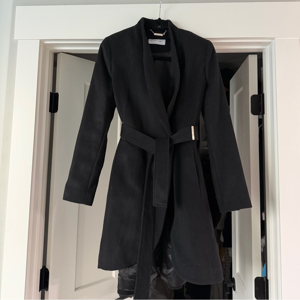 Calvin Klein Black Wrap Trench Coat with Self Belt - Picture 1 of 2